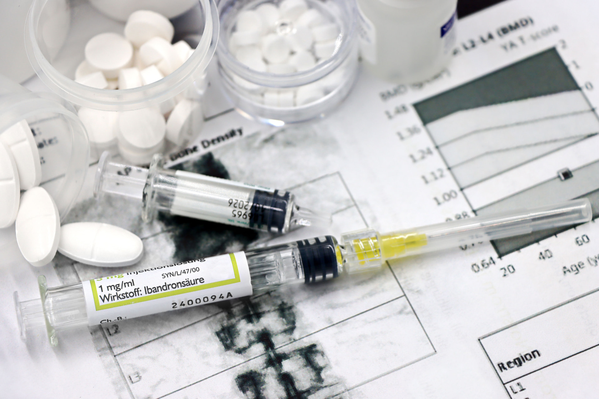 Clinical protocol documentation with medicines and syringes arranged over structured data charts